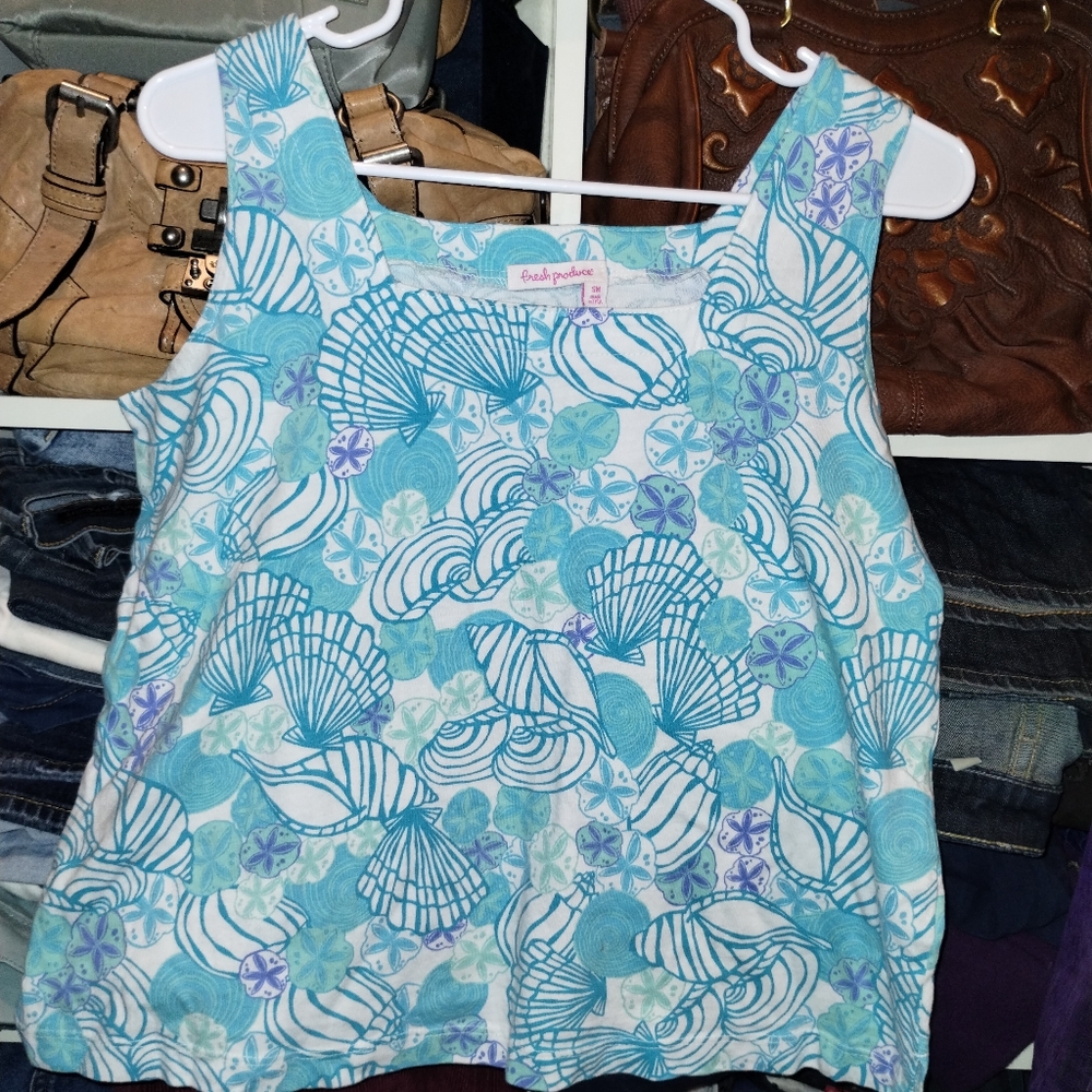 Fresh Produce Small Blue and White Seashell Tank Top Made In USA